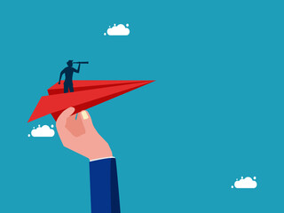 man binoculars on a paper plane. Help support the achievement of business goals. business concept vector