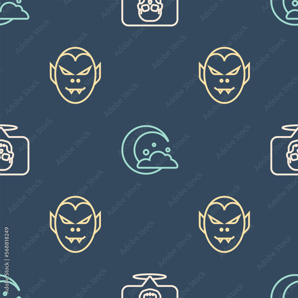 Poster set line skull, vampire and moon and stars on seamless pattern. vector