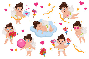Cute Cupid. Flying with a bow and a stele, fell in love, inflates a gum, holds a bouquet of flowers, sleeps on a cloud, holds heart-shaped lollipops, holds a love letter. Vector graphic.	
