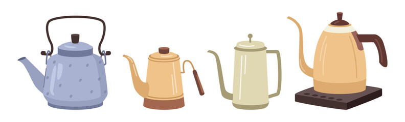 Brewing coffee or tea, isolated kettles and pots for making tasty and aromatic beverages. Cafe or shop serving drinks with caffeine. Vector in flat style