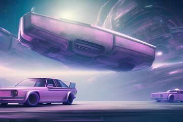 Obraz na płótnie Canvas Retro Sci-Fi futuristic background 1980s style 3d illustration. Digital landscape in a cyber world. For use as design cover. v13 Luxury retro car executed in pink and purple colors - generative ai