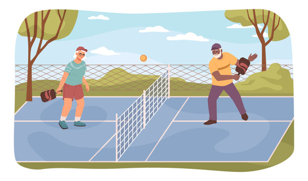 Active senior people playing tennis, grandparents with rackets and ball leading healthy lifestyle. Pensioners leisure and hobbies. Vector in flat style