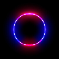 Glowing neon frame in shape of circle, isolated shiny line on border. Empty banner with copy space, highlight and sign for logotype. Vector in realistic style