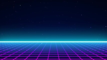 3D animation - Loopable animated retro synthwave style 3d neon mesh on a dark background with stars. - Powered by Adobe