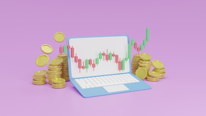 3d Online trading stock graph, forex or crypto currency bitcion candlestick charts on computer laptop screen with stack of coins surrounding. investment money funding business concept.