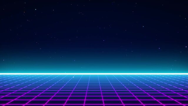 3D animation - Loopable animated retro synthwave style 3d neon mesh on a dark background with stars.