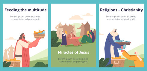 Miracles of Jesus Christ Described in Bible Banners. Multiplication of Five Loaves and Two Fishes Character Concept