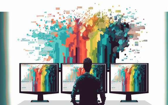 person standing in front monitors, datasheet  paint splatter, isolated on white background Big Data analysis company, stock market, trading, finance, science, analytics, seo, business, (generative AI)