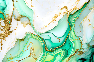 Swirl of gteen gold marble abstract background, Liquid marble design abstract, light green azure tones with golden, Paint marble texture. Alcohol ink colors, Generative Ai.