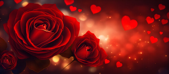 love red roses, abstract defocused with red hearts, bokeh lights, background - generativ ai 