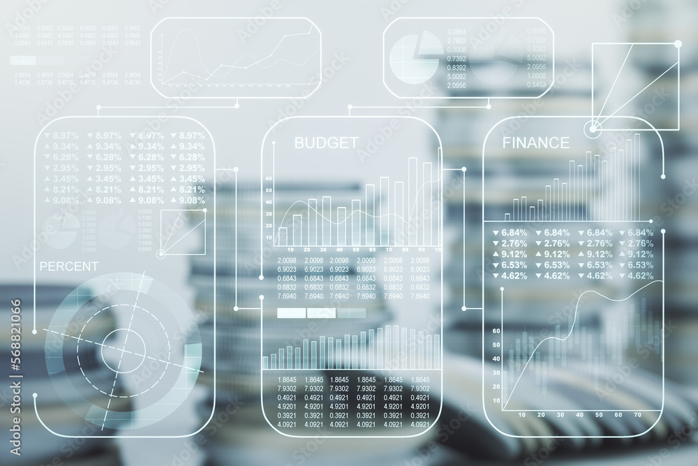 Poster double exposure of abstract virtual statistics data hologram on growing stacks of coins background, 