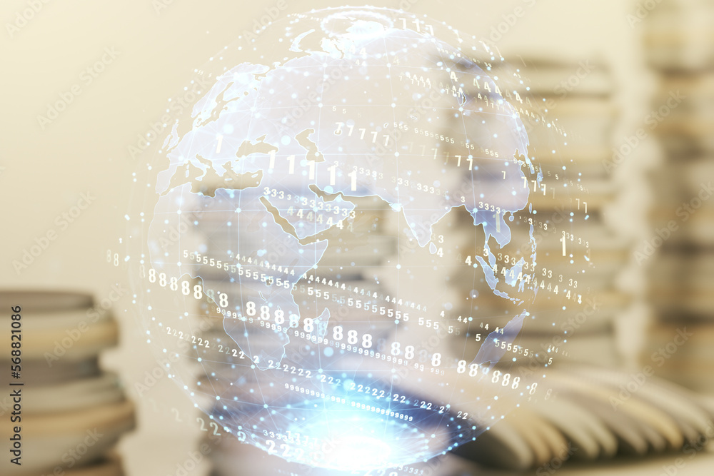 Poster double exposure of abstract programming language hologram and world map on growing stacks of coins b