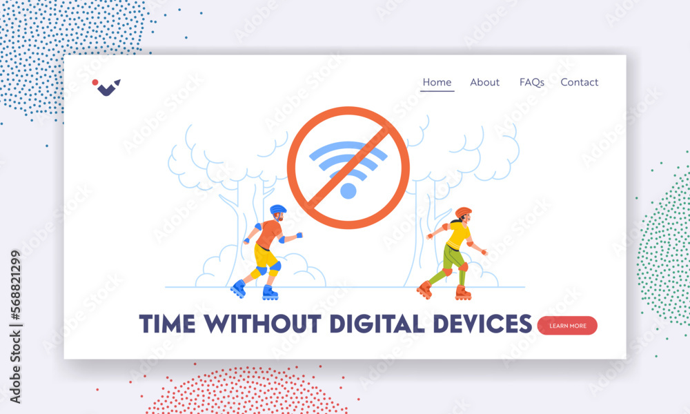 Poster time without digital devices landing page template. young characters rollerblading in park. active r