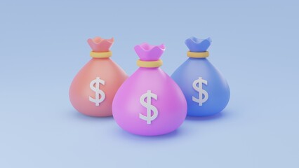 3d render money bag icon with dollar sign and gold coins stack on blue background. pastel money finance bonus concept.