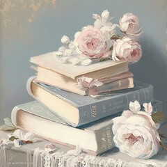 Ethereal elegance romanticism impressionist painting of books world book day. Generative AI