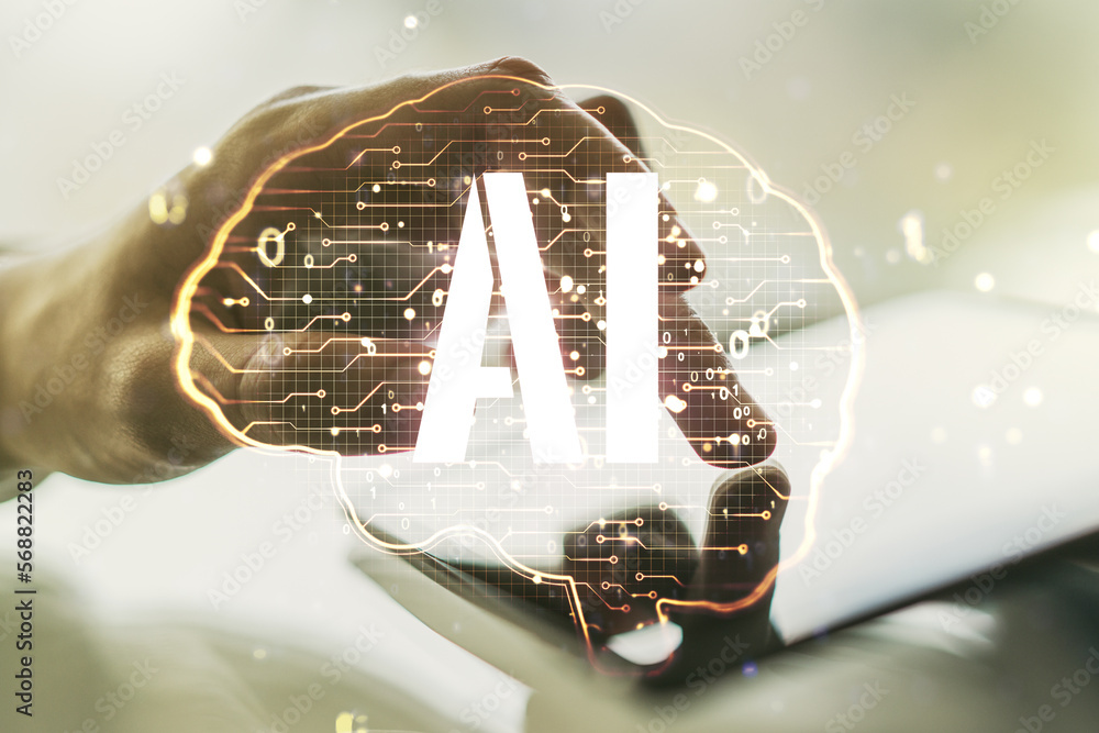 Poster double exposure of creative artificial intelligence symbol with finger clicks on a digital tablet on