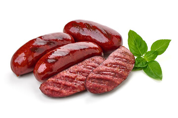 German traditional grilled sausages, close-up, isolated on white background.