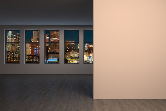 Panoramic picturesque city view of Boston at night time from modern empty room, Massachusetts. An intellectual and political center. Mockup copy space empty wall. Display concept. 3d rendering.