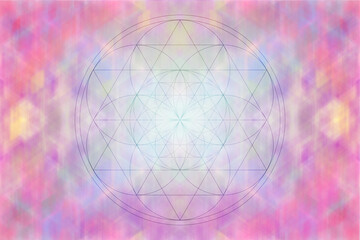 Flower of Life sacred geometry vivid purple prism of light. Concept of esoteric spiritual growth, transmutation, harmony.