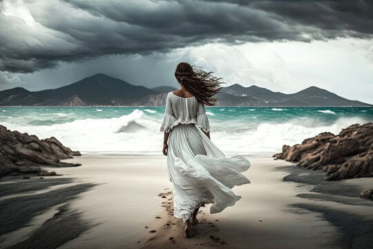 A beautiful young woman in a flowing white dress barefoot walks towards the sea. View from the back. Coast of Sardinia or Greece. Generative AI drawing.