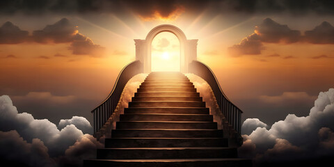 stairway to heaven, door in clouds, sunset, illustration generativ ai 