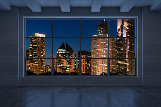 Downtown Chicago City Skyline Buildings From High Rise Window. Beautiful Expensive Real Estate Overlooking. Epmty Room Interior Skyscrapers View In Penthouse Cityscape. Night. 3d Rendering.