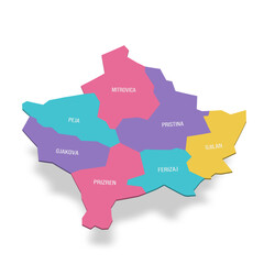 Kosovo political map of administrative divisions - districts. 3D colorful vector map with name labels.