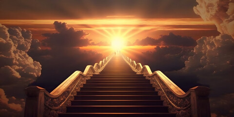 stairway to heaven, door in clouds, sunset, illustration generativ ai 