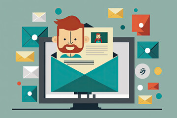 Fototapeta premium Email newsletter marketing envelopes floating around a monitor, isolated, green background, startup, business, success, 2d, flat, shadow, outline, vector, flat, illustration, colorful (generative AI)