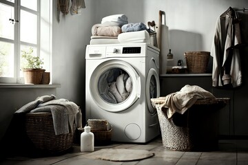 Laundry room with washing machine and pile of dirty clothes in basket. Domestic room interior. Ai generative