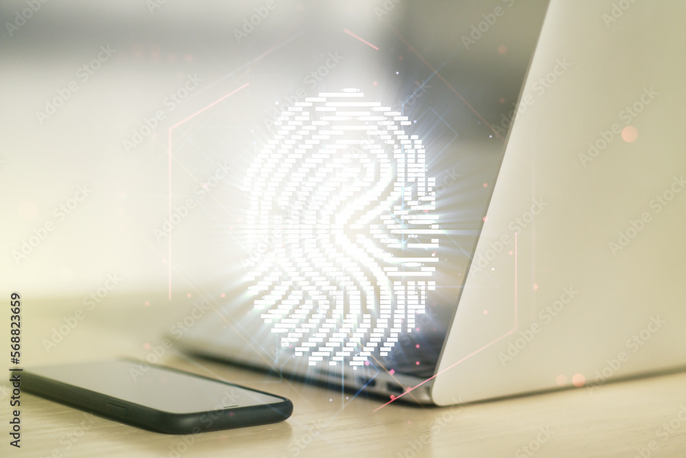Poster double exposure of abstract creative fingerprint hologram on computer background, protection of pers