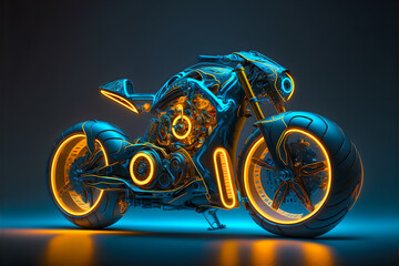 Futuristic steampunk motorcycle.Blue yellow neon glow. Generative AI
