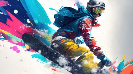 snowboarder  in colors , action illustration for poster or banner. ai generative