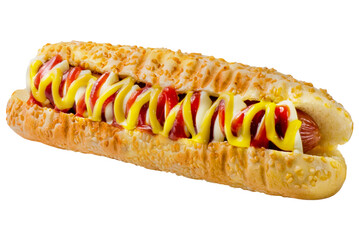 Hot dog garnished with mayonnaise, mustard and ketchup in a white bun