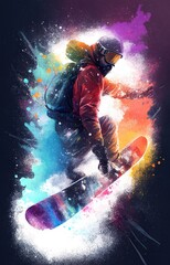 Obraz na płótnie Canvas snowboarder in colors , action illustration for poster or banner. ai generative