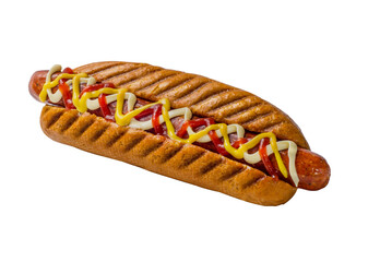 Hot dog garnished with mayonnaise, mustard and ketchup  in a rye brown bun
