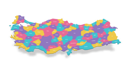 Turkey political map of administrative divisions - provinces. 3D colorful vector map with name labels.