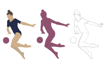 Silhouette of a gymnast catching a ball in the air. Stretched feet