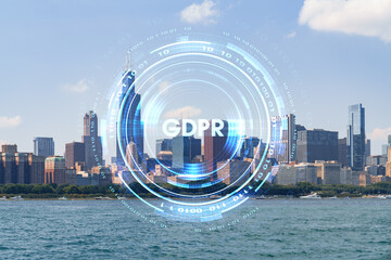 City view of Downtown skyscrapers of Chicago skyline panorama over Lake Michigan, harbor area, day time, Illinois, USA. GDPR hologram, concept of data protection regulation and privacy for individuals
