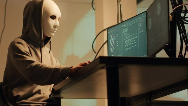Anonymous hackers trying to break into government server, using espionage concept to ask for ransom, people performing hacktivism. Spies stealing data to exploit cyberbullying. Handheld shot.