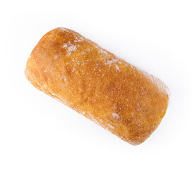 Crusty loaf of sourdough bread on white background
