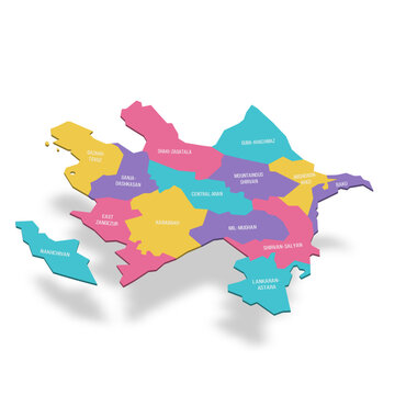 Azerbaijan political map of administrative divisions - districts, cities and autonomous republic of Nakhchivan. 3D colorful vector map with name labels.