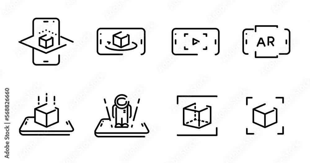 Poster augmented reality animated outline icon set isolated on white background. augmented reality 4k video