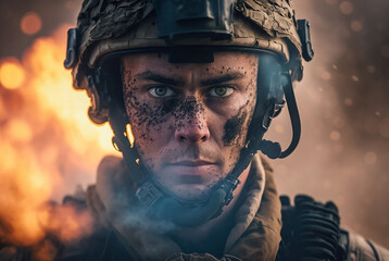 a young soldier in a war zone with fire in the background, serious or motivated fearless look and facial expression, dirt and grime on his face, slightly injured, Generative AI