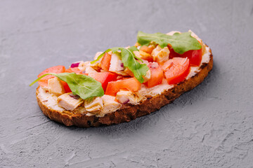 Italian antipasti bruschetta with grilled chicken