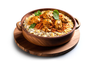 Indian Spicy Butter Chicken Biryani Served in a Dish Isolated on Wooden Board