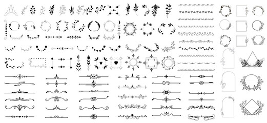 Obraz na płótnie Canvas Collection of geometric vector flower frames. Round, oval, triangular, square borders decorated. Elegant monogram, hand drawn marriage invitations with wreath borders. Vector