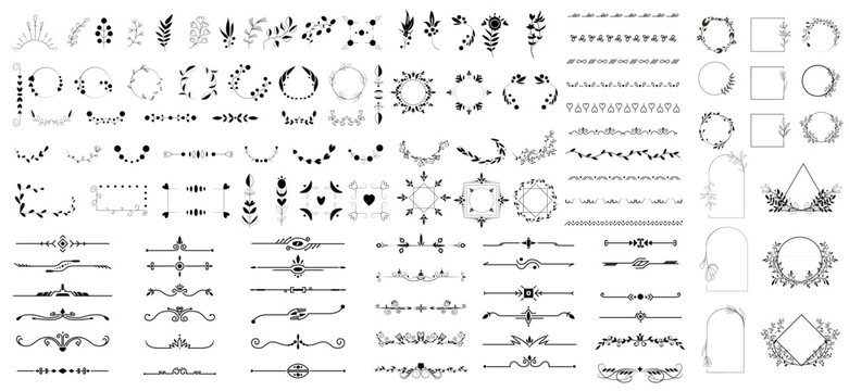 Collection of geometric vector flower frames. Round, oval, triangular, square borders decorated. Elegant monogram, hand drawn marriage invitations with wreath borders. Vector