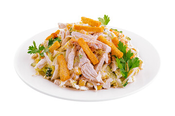 Salad of cabbage, crackers, tomato, chicken and corn
