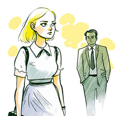 Man bullying a woman, vector illustration showing sexual harassment at work. Ideal choice to illustrate the effects of gender inequality.